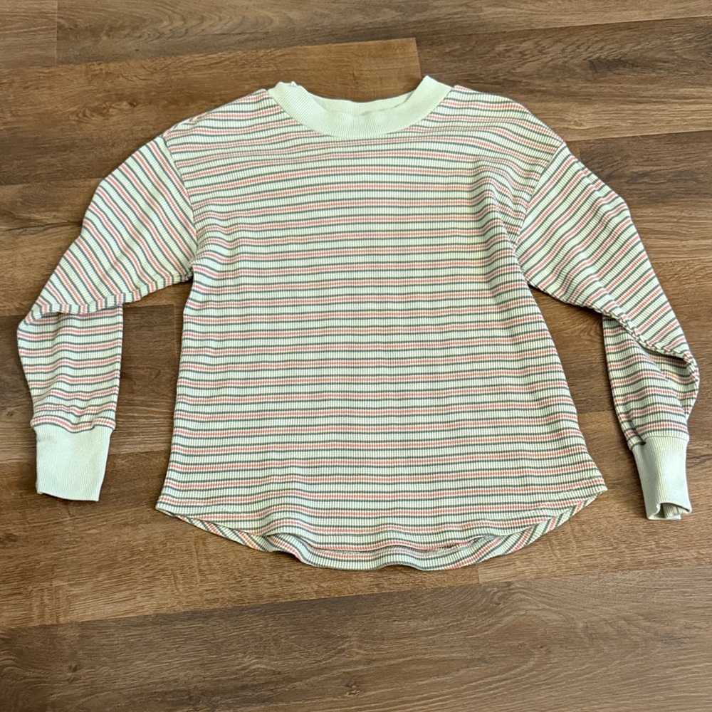 Sonoma Cream Crewneck Long-Sleeve Tee with Pink & Green Stripes